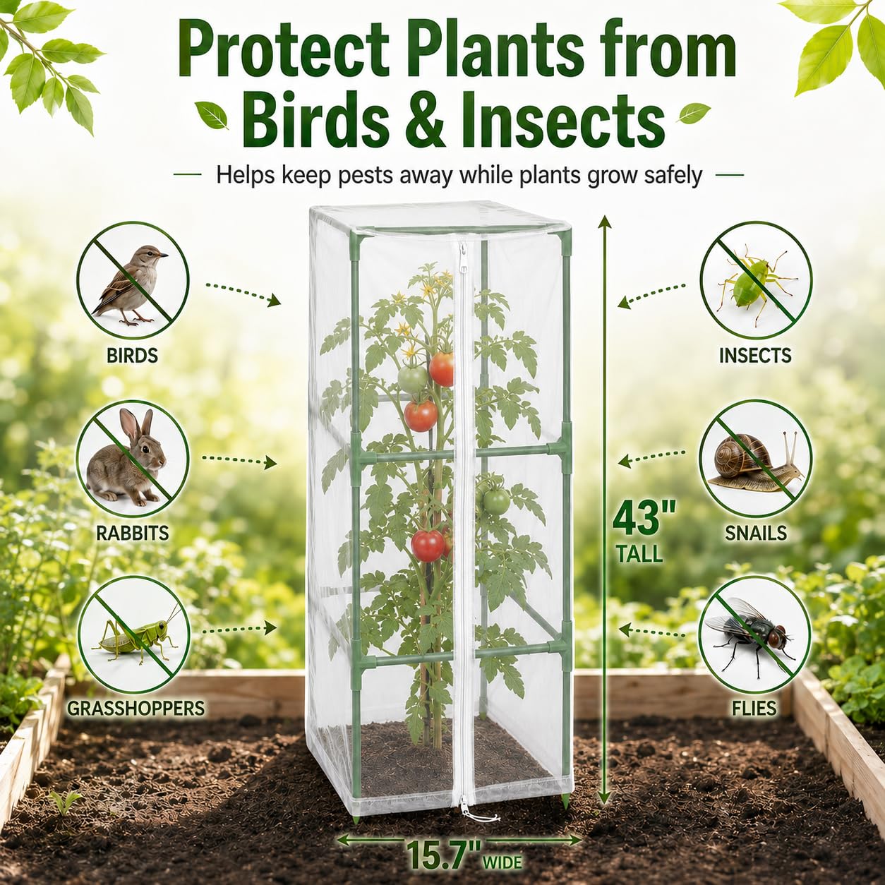 Halatool Garden Tomato Plant Cover Netting, Fits 40–50" Tall Square Tomato Cages, Garden Bird Netting with Zipper & Drawstring, Insect Barrier, Plant Covers from Insects Animals, 2 Pack, 43"×15.7"