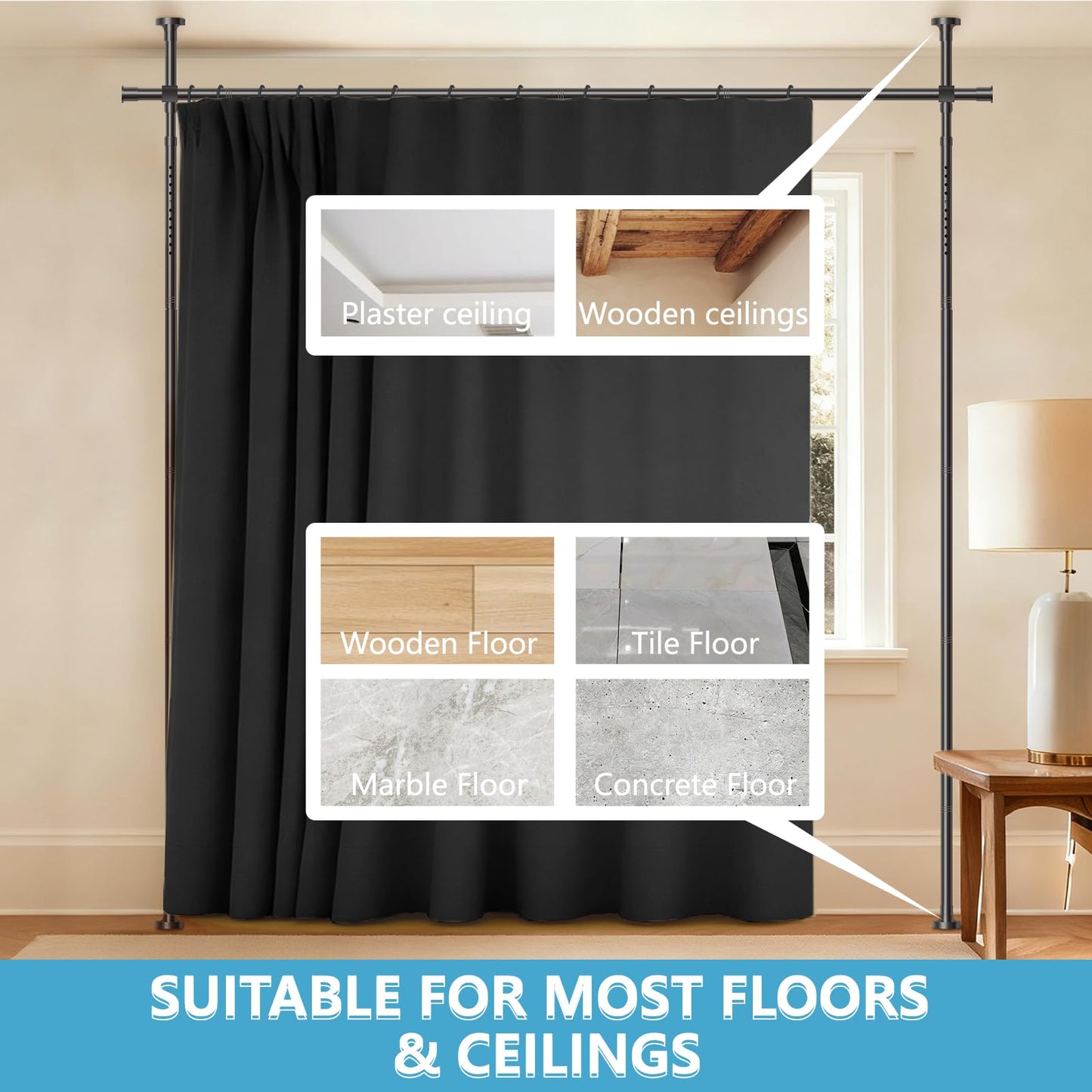 JILRON No-Drill Room Divider Curtain Set: Includes 106" W x 84" L Black Curtain & Adjustable Pole Brackets (35-100" W x 43-120" H Adjustable Range)