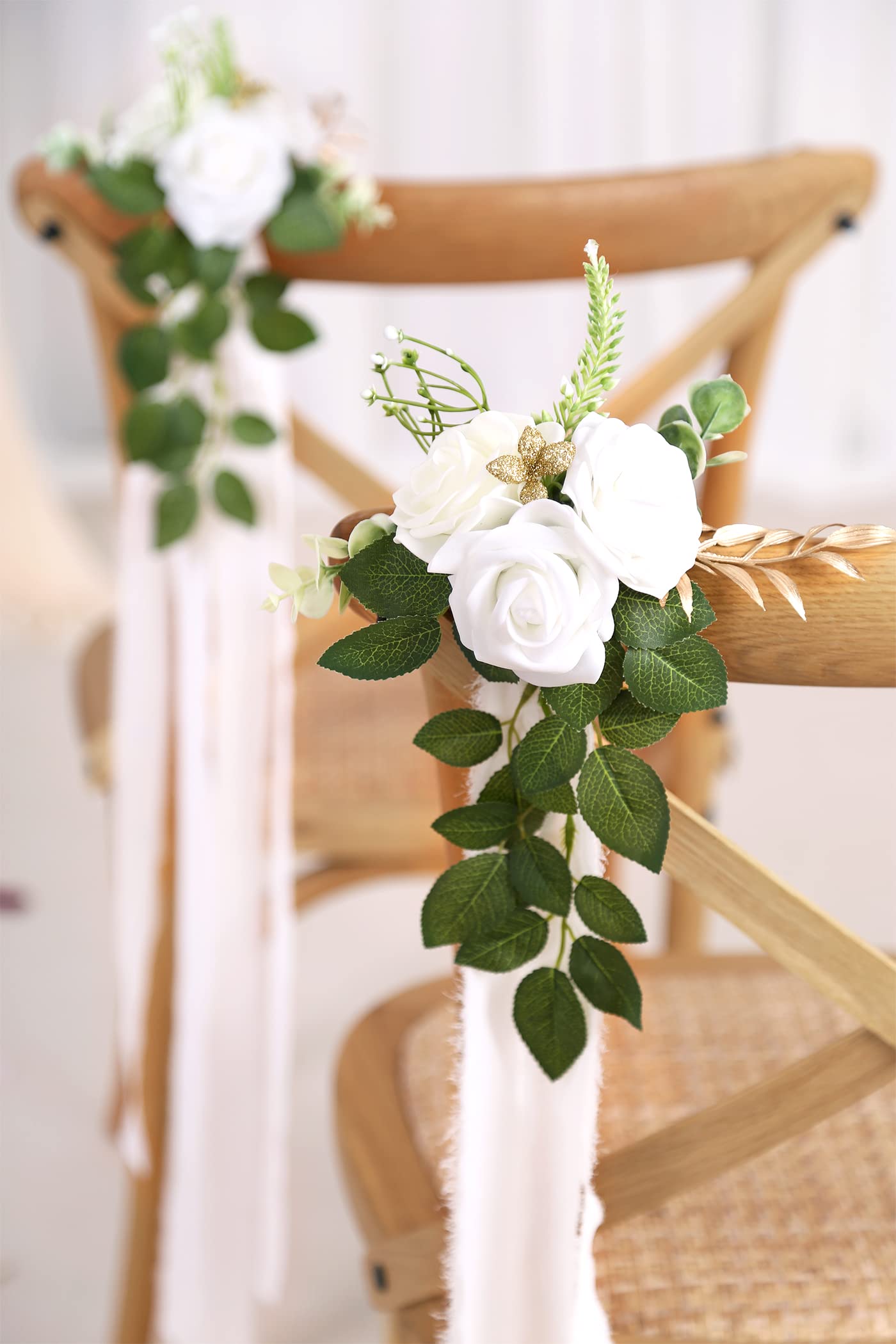 DreamBuilt Wedding Aisle Decorations for Wedding Ceremony Set of 10 Pew Flowers for Church Chair Decorations Party Decor with Artificial Flowers Eucalyptus and Ribbons White