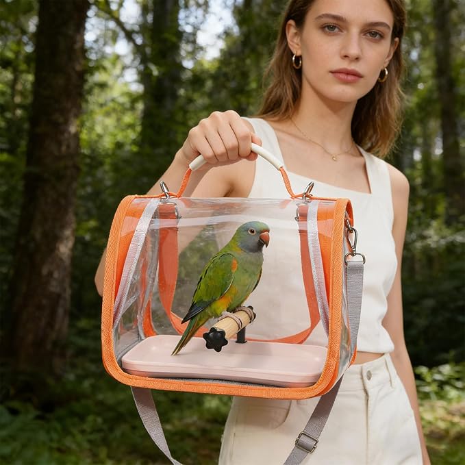 Portable Bird Travel Carrier Breathable Mesh Backpack with Perch Tray Clear View Lightweight Foldable Carrier for Small Parrots Parakeets Lovebirds (Grey)