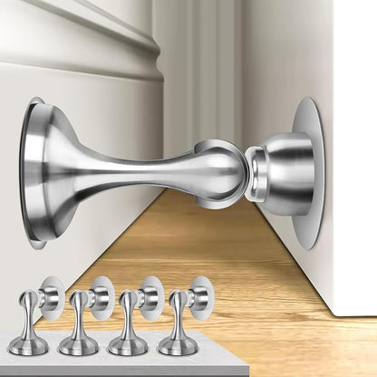 Crosize Magnetic Door Stoppers 4 Pack, Stainless Steel Door Stops for Wall and Floor Mounting, Door Holder Keep Door Open, No Drilling Door Stop with Adhesive Tapes, Silver