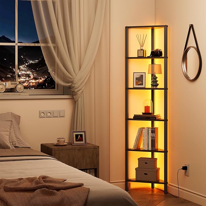 TUTOTAK Corner Shelf with LED Light, 6-Tier Corner Bookshelf