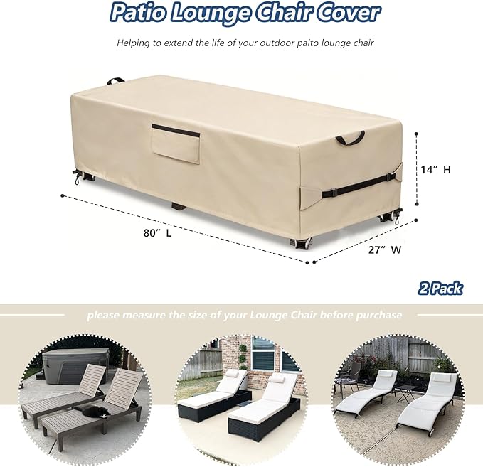 Waterproof Patio Lounge Chair Cover 2 Pack, Heavy Duty 600D Waterproof Outdoor