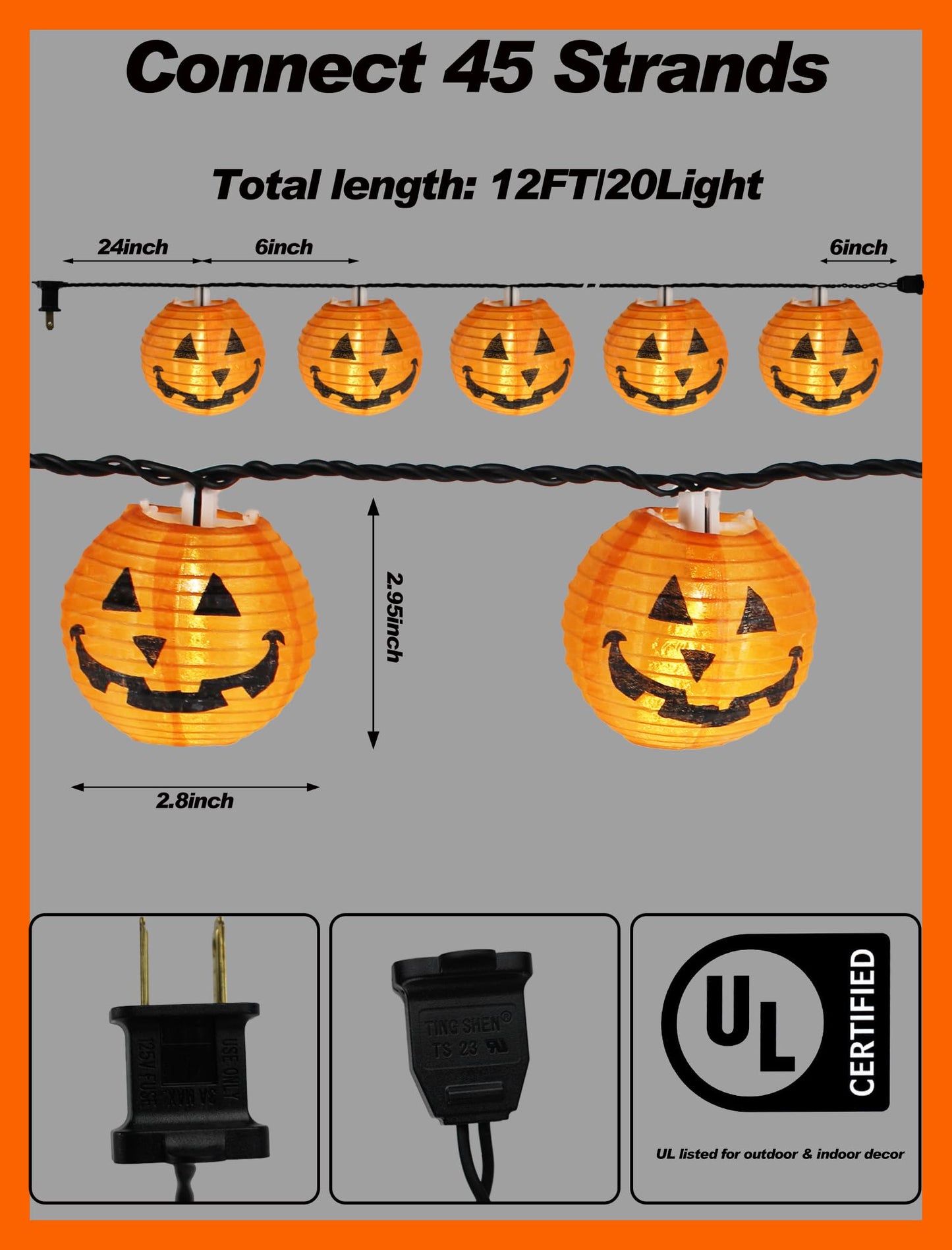 Adirxon Charming Halloween Christmas Pumpkin Lantern Lights, 12ft 20 LED UL Certified String Lights, Unique Fabric Jack o' Lanterns for a Whimsical Indoor & Outdoor Party Glow
