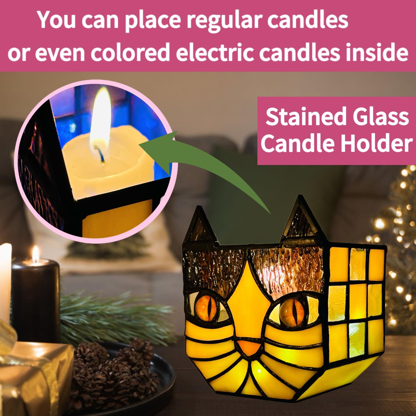 Entlityful Yellow Cat Plant Pot with Drainage,Cute Planters for Indoor Plants,Stained Glass Cat Flower Pots,Fun Candle Holder Glass Container,Gifts for Gardeners Woman