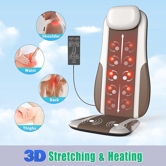 Shiatsu Back Massager with Heat, Massage Chair Pad Seat Cushion for Stress Relief, Deep Tissue Kneading & Roller, 2 Vibration Motors, Back Waist Hip Massager, PU Leather, with 2 Adapters