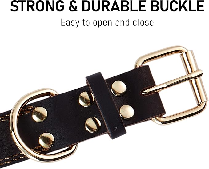 Genuine Leather Dog Collar, Heavy Duty Wide Dog Collar for Small, Medium,Large and Extra Large Dog (M: 1" Wide for 15.2"-19.2" Neck, Single Stitch - Brown)