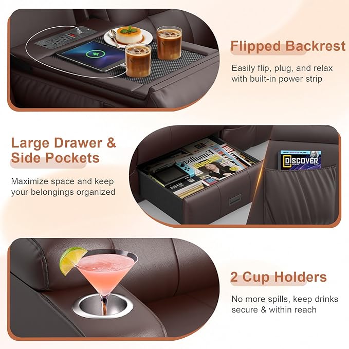 RV Loveseat Recliner Sofa, Built-in Power Strip, Massage Wall Hugger 3-Seater