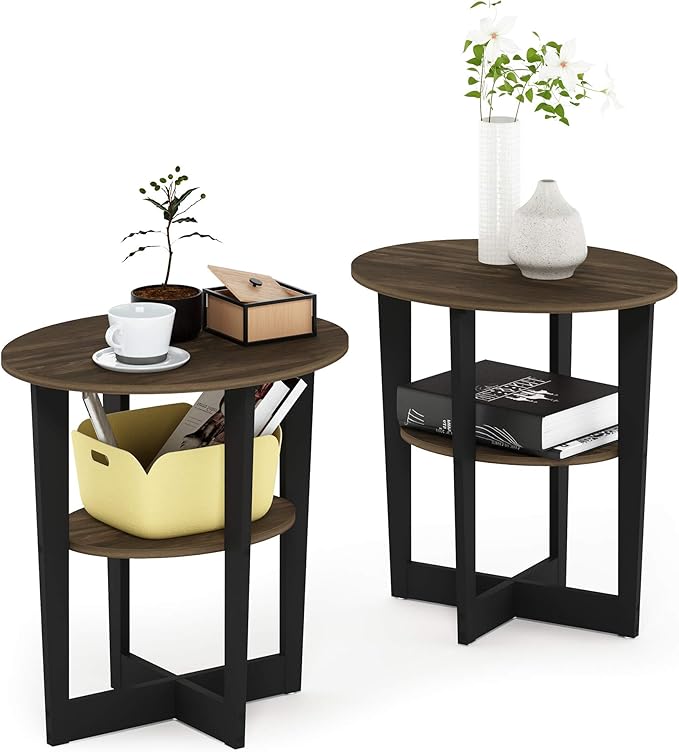 Furinno JAYA Side Table Set of 2, 2-Tier Round Modern End Table