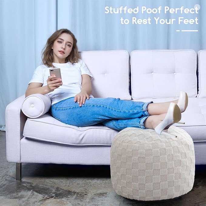 HIGOGOGO Round Stuffed Pouf Ottoman, Plaid Poufs
