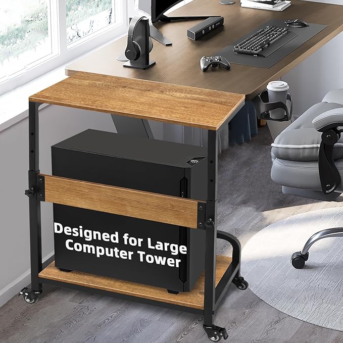 2-Tier Computer Tower Stand Adjustable, Gaming PC Floor Stand Large for ATX, E-ATX, ITX, Rolling PC Tower Cart with Guardrail, Metal Locking Wheels, 32.7" X 21.6" X 15.8",Walnut