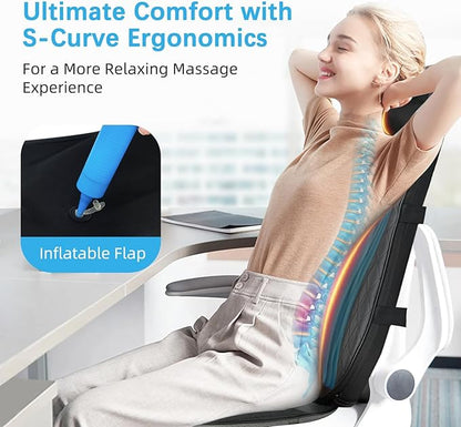 Shiatsu Neck & Back Massager with Heat, Massage Chair Pad Cushion for Stress Relief, Inflatable Flaps Back Support, Kneading or Rolling Chair Seat Massage