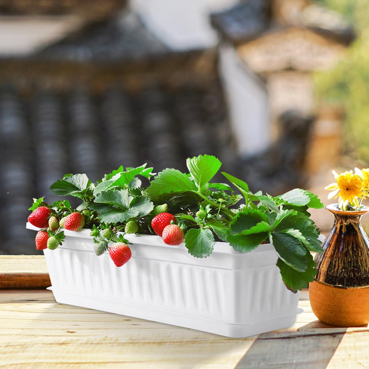 Healvian Rectangular Plastic Planter Pot 2 Pack with Drainage Saucers 5.5X7.4X5.5 Inches Indoor Outdoor Garden Vegetable Succulent Flower Box