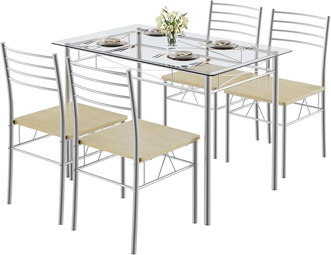 VECELO Dining Table Set for 4, 5-Piece Glass Kitchen Table