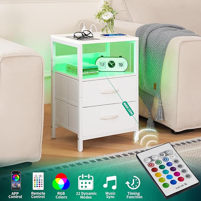 Yoobure Nightstand with Charging Station, LED Night Stand with Fabric Drawers