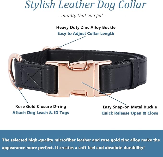 Dog Collar and Leash Set.Soft and Easy to Clean Vegan Leather with Rose Gold Metal Buckle for Small Medium Large Dogs (Black, M(13.8"-19.7"))