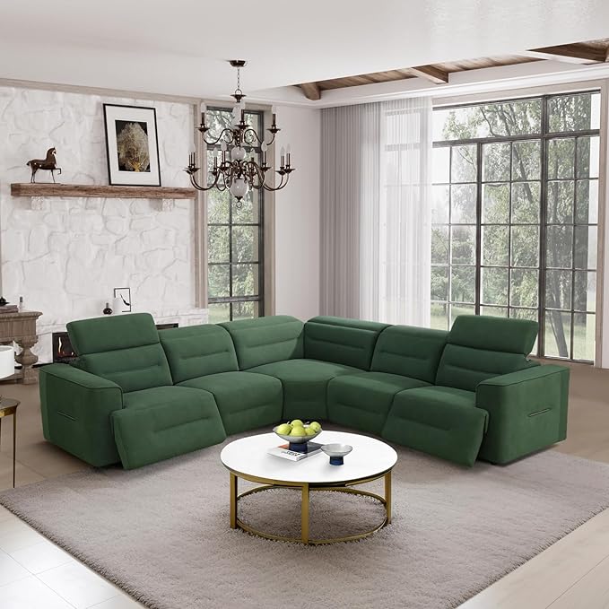 Power Recliner Sectional Sofa, L-Shaped Living Room Furniture Set, Flannel