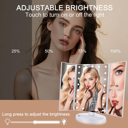 deweisn Dresser Mount Tri-Fold Lighted Vanity Mirror with 21 LED Lights, Touch Screen and 3X/2X/1X Magnification, Two Power Supply Modes Make Up Mirror,Travel Mirror