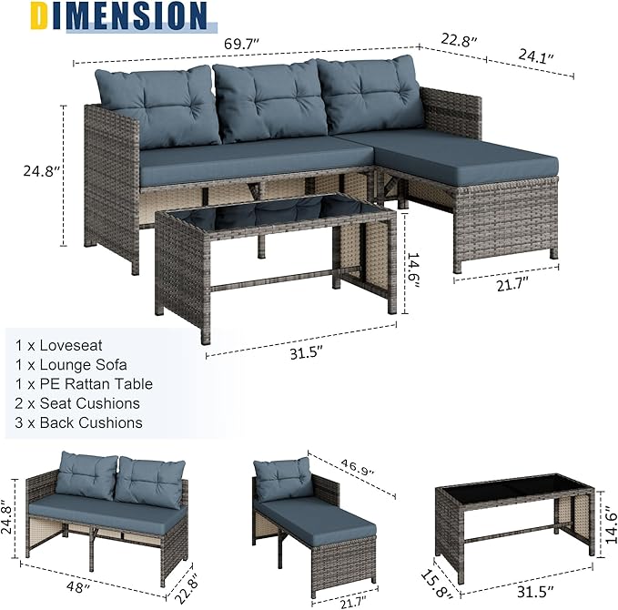 Vongrasig 3 Pieces Patio Furniture Sets, All-Weather Wicker Outdoor Sofa Couch