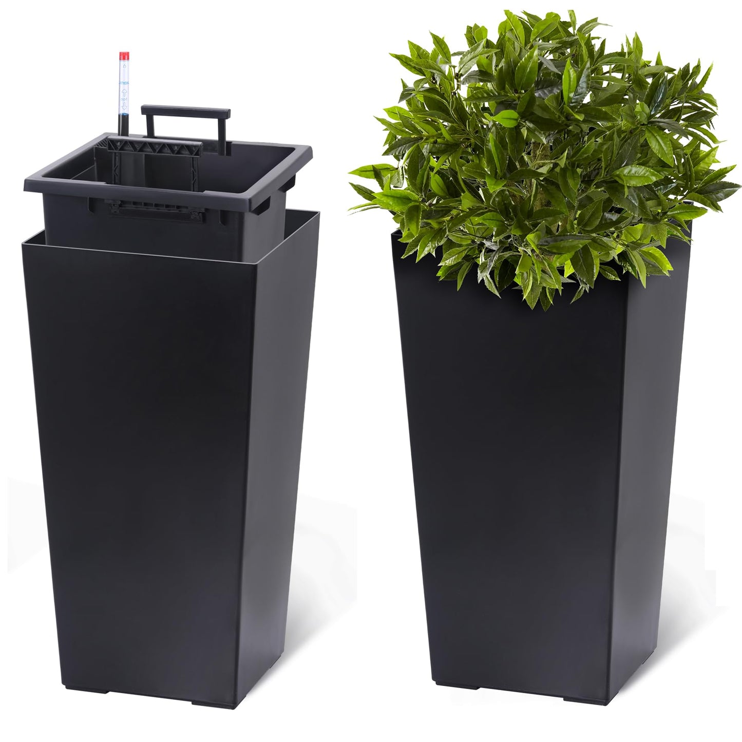 Black Planters Outdoor Set of 2, 22 Inch Tall Plastic Planter with Drainage Holes & Water Level Monitor & Inner Bucket, Indoor & Outdoor Large Planters for Front Porch, Patio, Balcony, Living Room