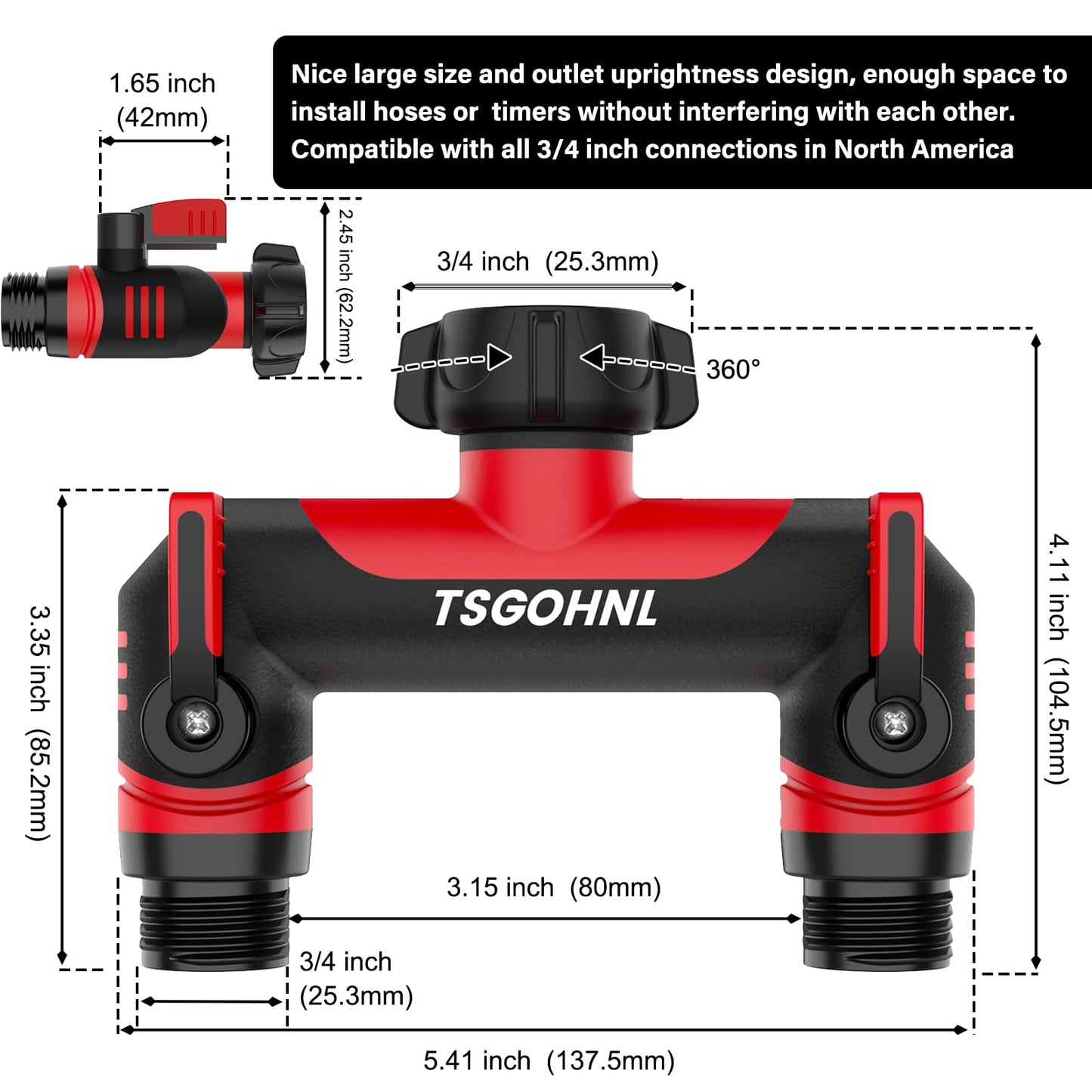 2 Way Garden Hose Splitter, 3/4 Inch Outdoor Faucet Splitter, Hose Manifold with Independent Shut Off Valves, Wide Spacing for Hose Timers, Sprinklers, Lawn, Yard and Garden Watering - Red