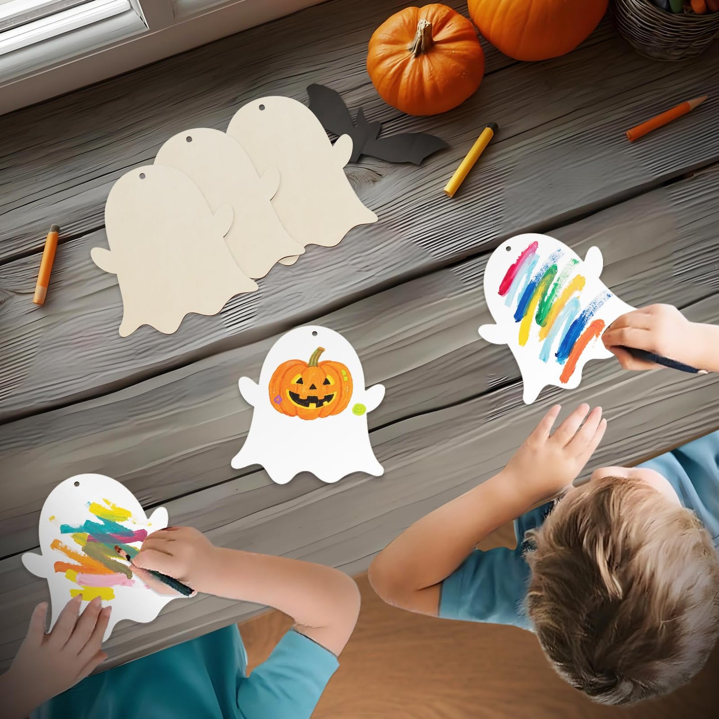 kuchisity Large Size 7'' Wooden Halloween Ornaments to Paint 30 Pcs DIY Blank Unfinished Ghost Wooden Cutouts with Twines for Halloween Thanksgiving Day Fall Party