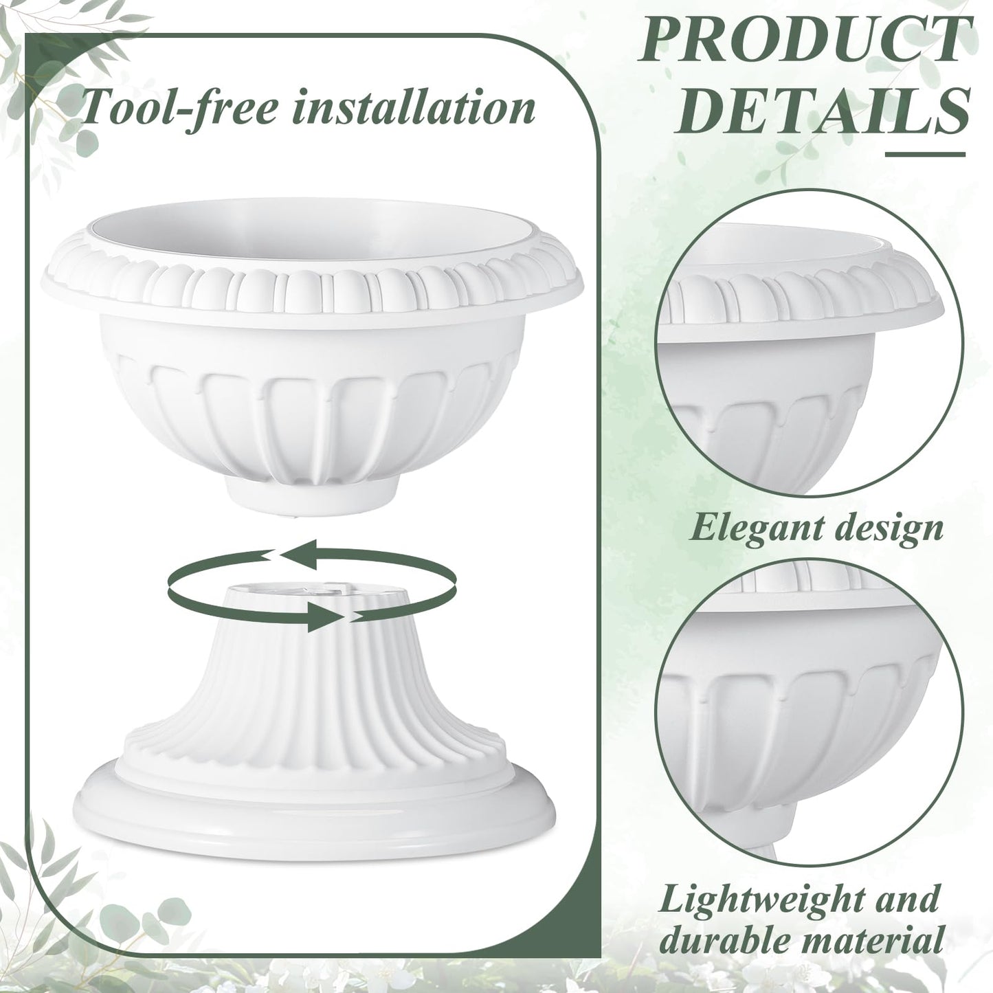 Zhehao 1 Pcs Classic Urn Planter Plastic Urn Planters Outdoor 12 x 10 Inch Traditional Pedestal Flower Pots Outdoor Large White Vases Indoor for Garden Patio Front Porch