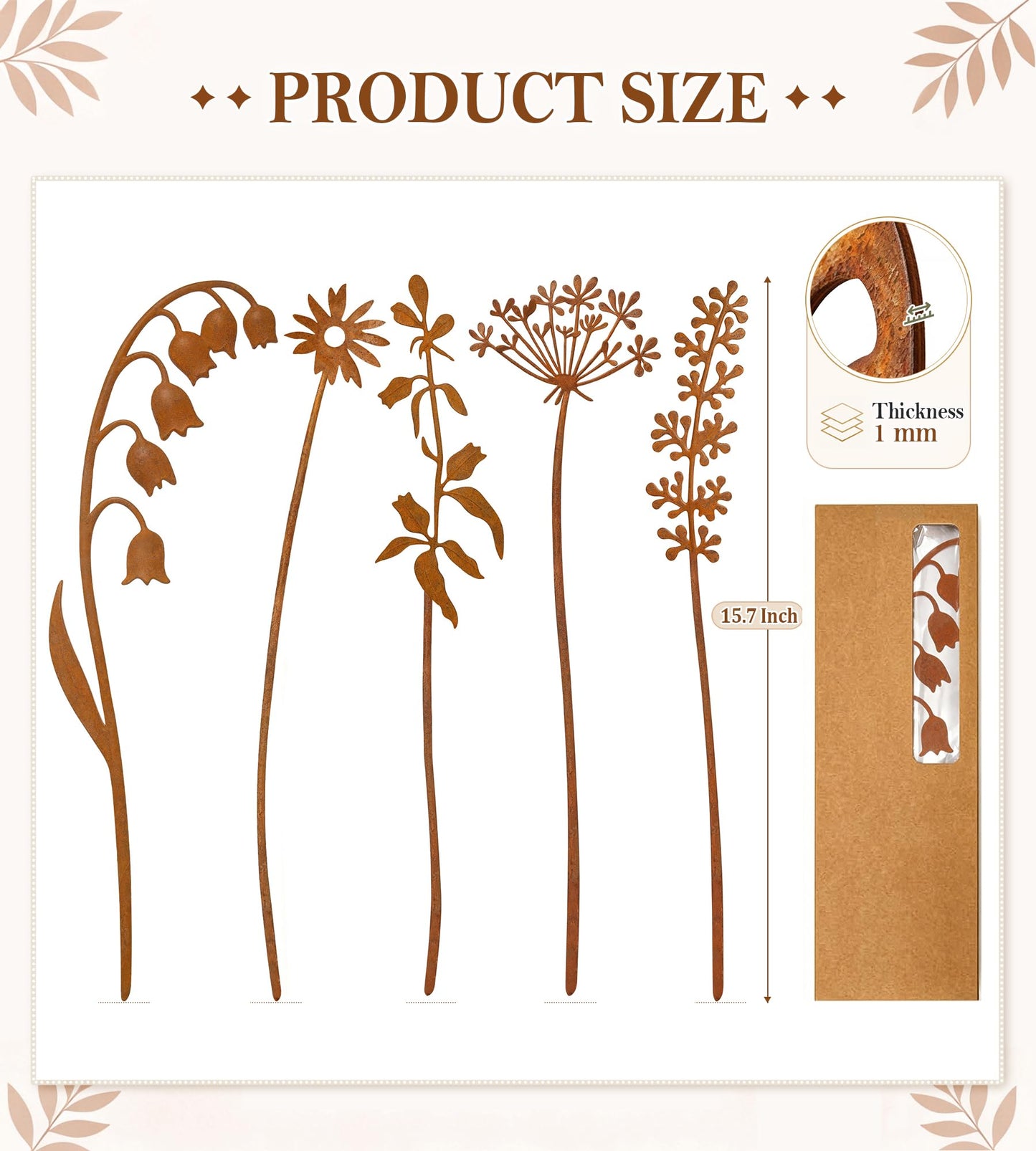 VIS'V Metal Decorative Garden Stakes, 15.7 Inch Rusty Flower Plant Yard Art Stakes for Outdoor Indoor Decor, 5 Pcs
