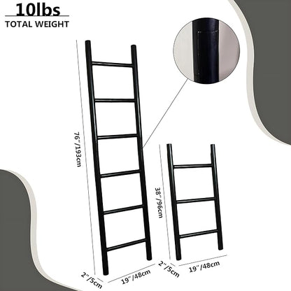 Wooden Blanket Ladder - 76in Natural & Motley Wood - Leaning Wall Decor for Bedroom, Bathroom, Living Room - Rustic Quilt Holder & Towel Rack (Black, 76in | Pre Assembled)