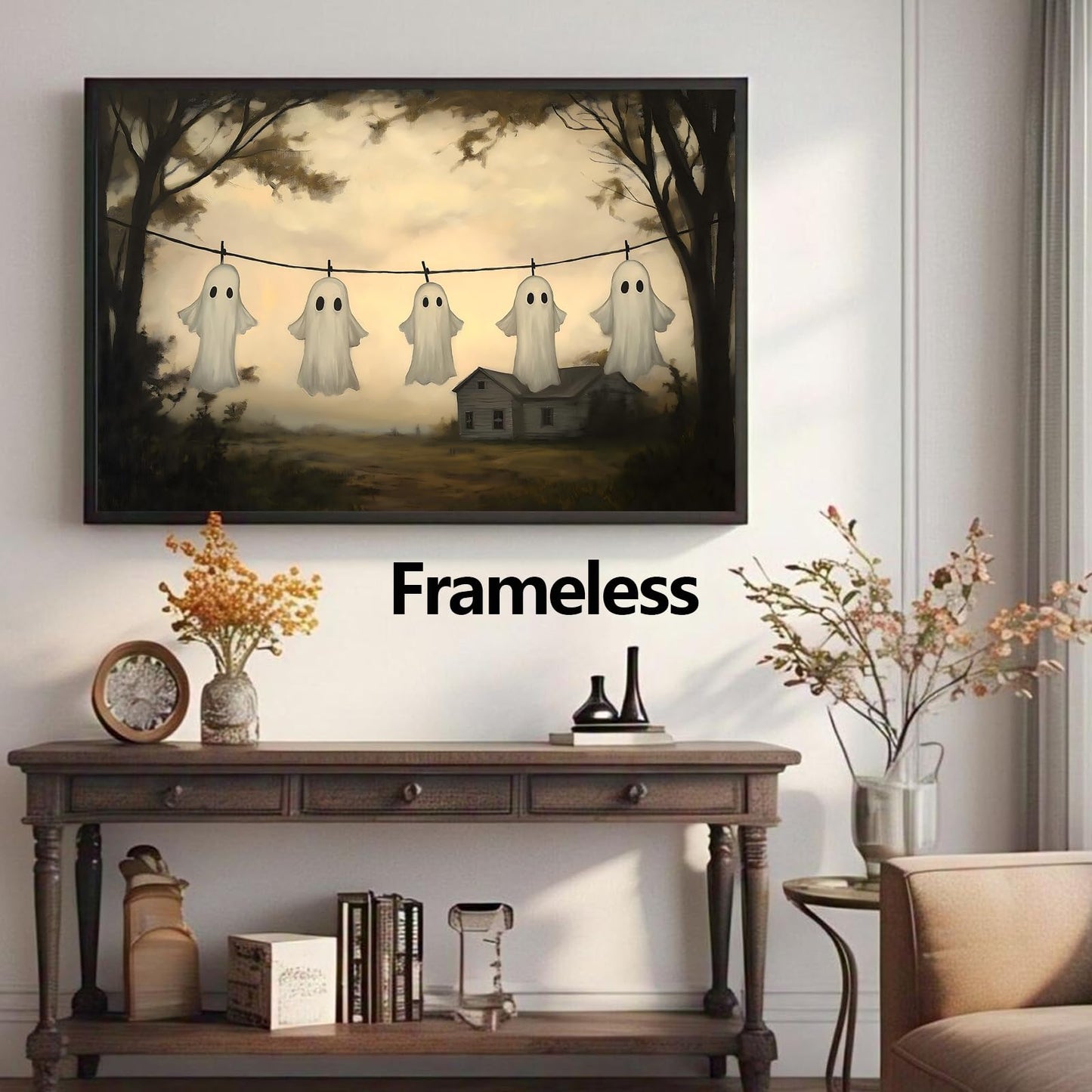 Farmhouse Ghost Wall Art Laundry Room Prints Halloween Landscape Poster Cute Ghost Pictures Gothic Forest Print Victorian Moody Paintings Spooky Wall Art Academia Dark Gothic Artwork 16x24in Frameless