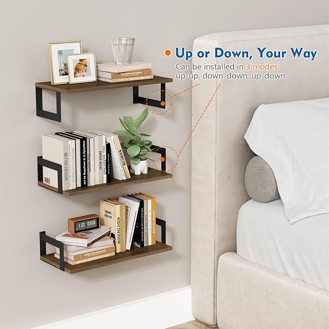 Harwaya Floating Book Shelves for Wall Set of 3, 17 x 8 Inch Deep Wooden Wall
