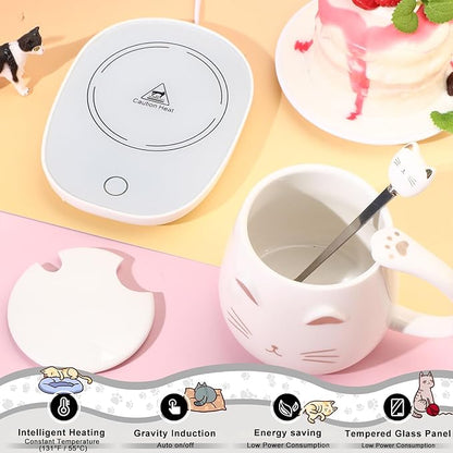 Cat Coffee Cup Coffee Warmer with Mug for Women Electric Mug Heater Temperature Control Ceramic Cute Cat Warmer for Office Valentine' Day Birthday Gift(White)