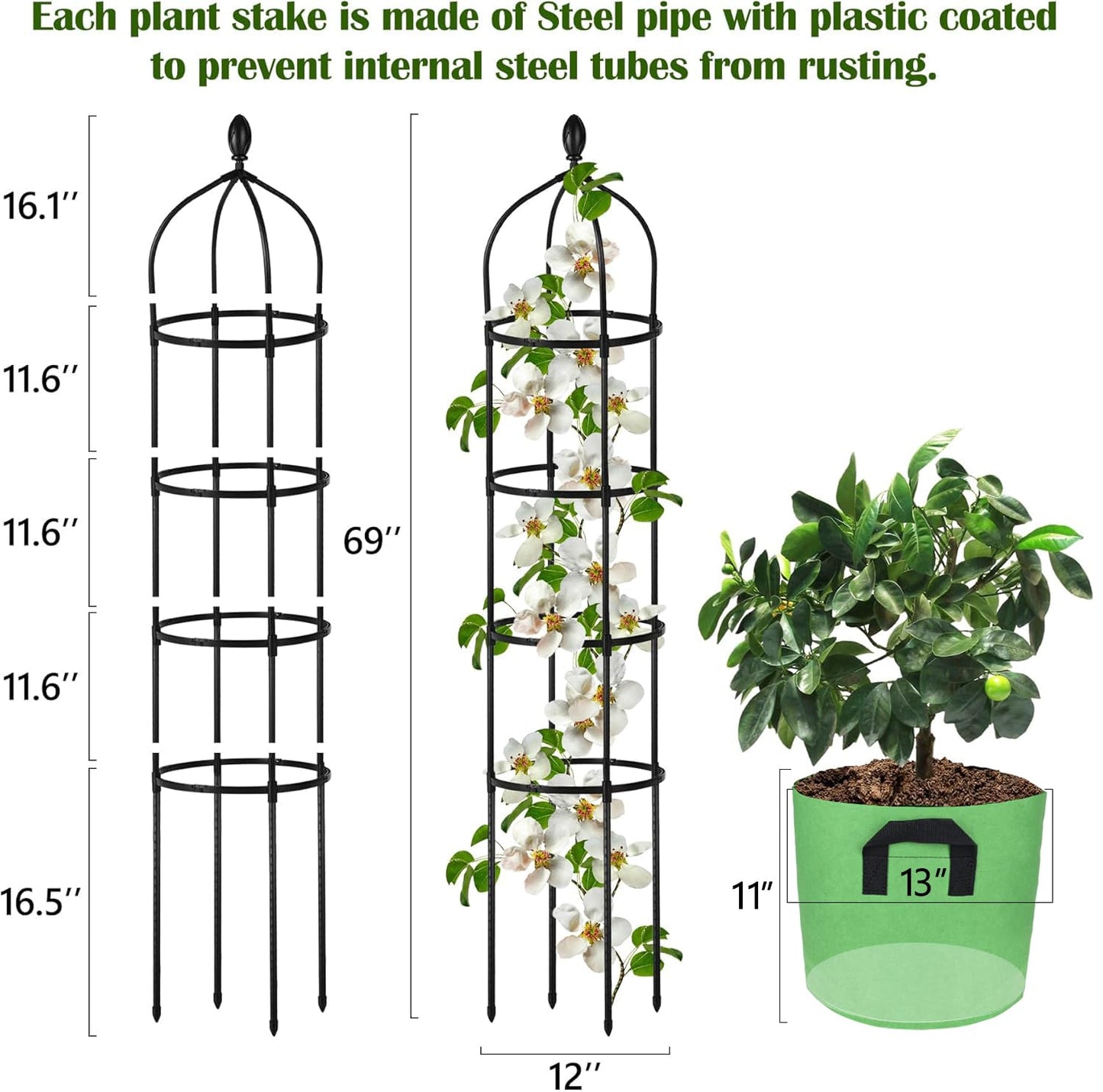 Garden Obelisk Trellis for Climbing Plants Outdoor 6 Ft Rose Bush Round Trellis with Grow Bag for Pots Rustproof Metal Pipe with Plastic Coated Plant Flower Trellises for Clematis Vine Jasmine Support