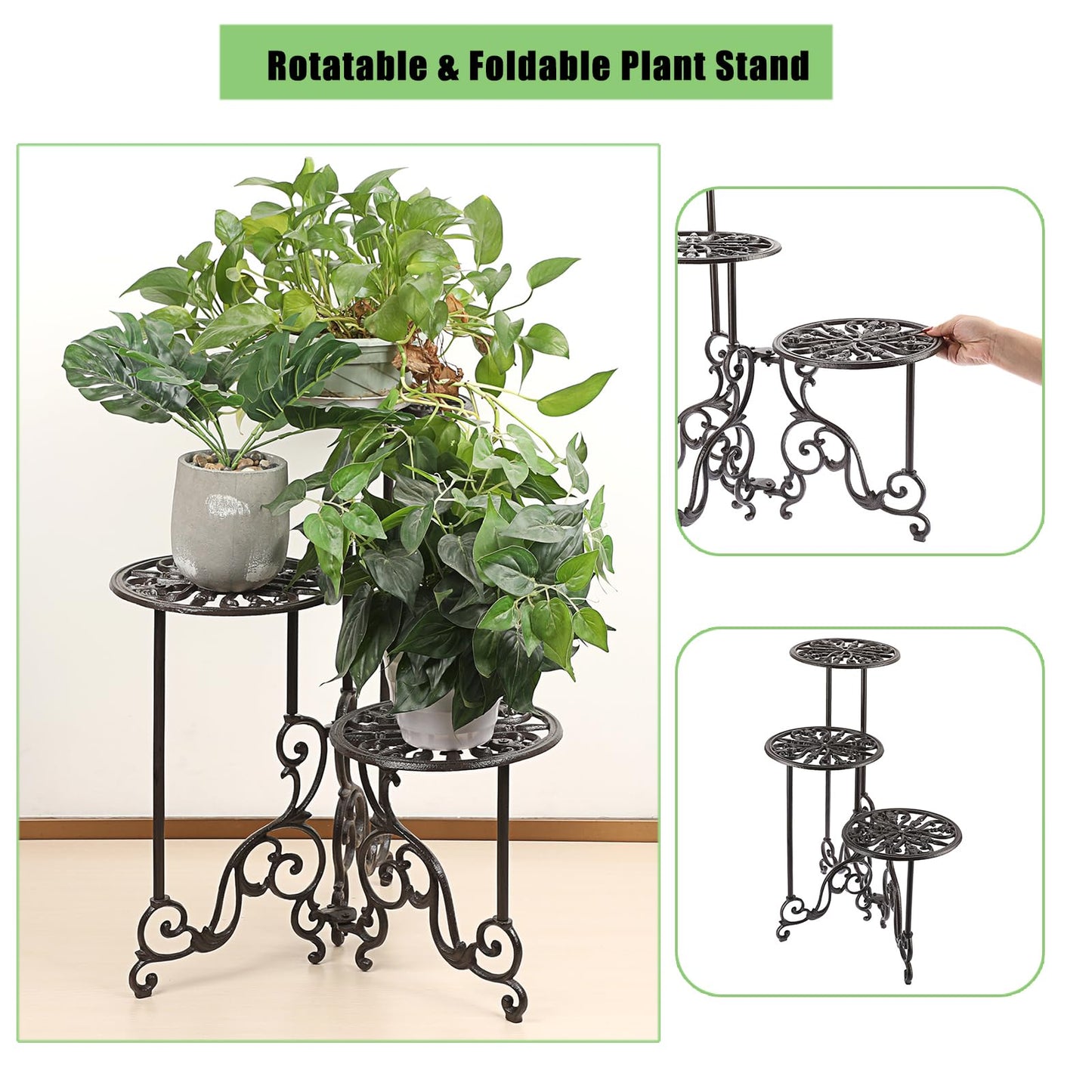 OwnMy 3 Tier Heavy Duty Cast Iron Plant Stand Foldable Wrought Iron Flower Pot Holder, Indoor Outdoor Tall Plant Stand Shelf for Garden Patio, Decorative Round Metal Plant Display Rack, Retro Brown