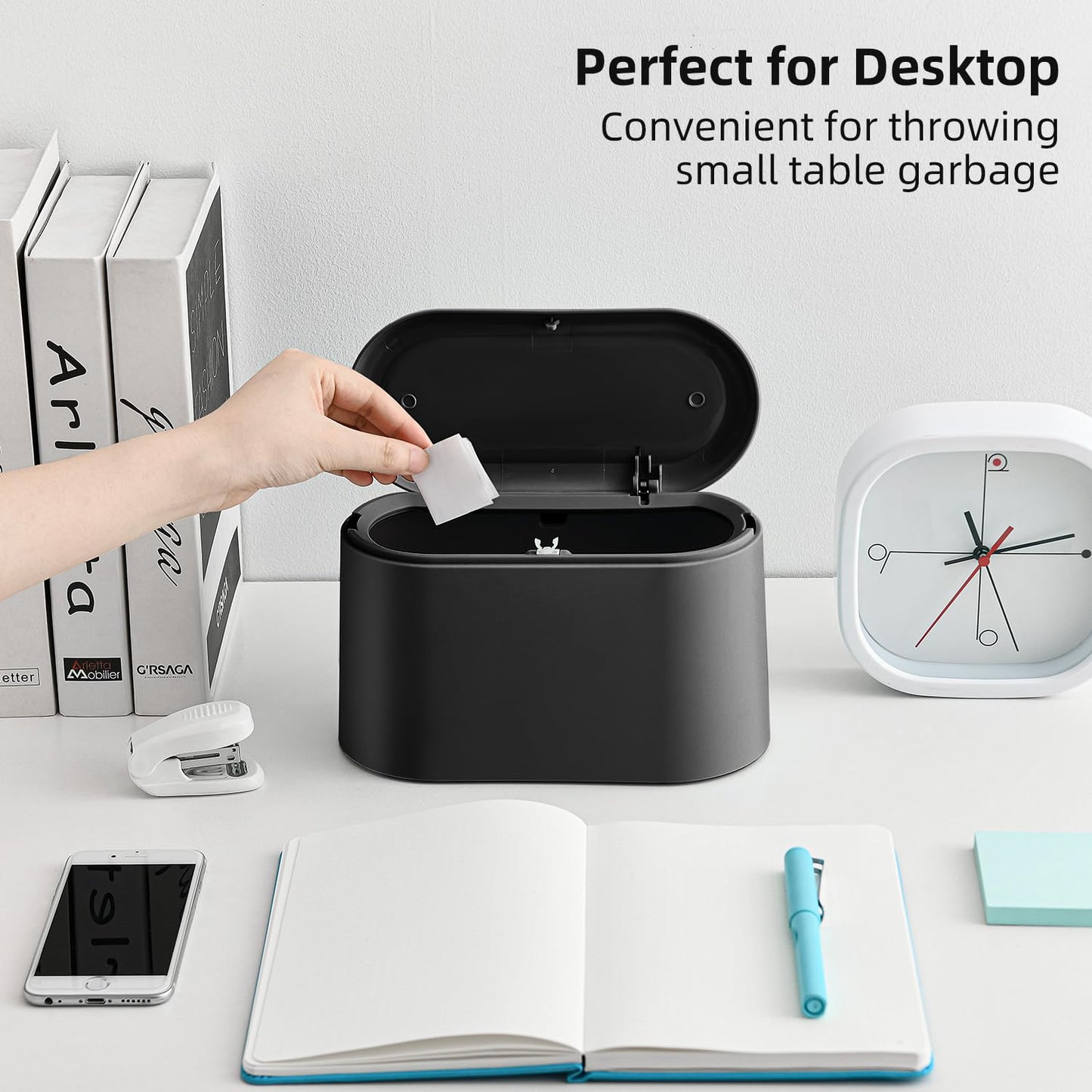 SUBEKYU 0.5 Gal Mini Countertop Trash Can with Lid for Desktop, Small Garbage Can for Office, Tiny Wastebasket, Plastic,Black