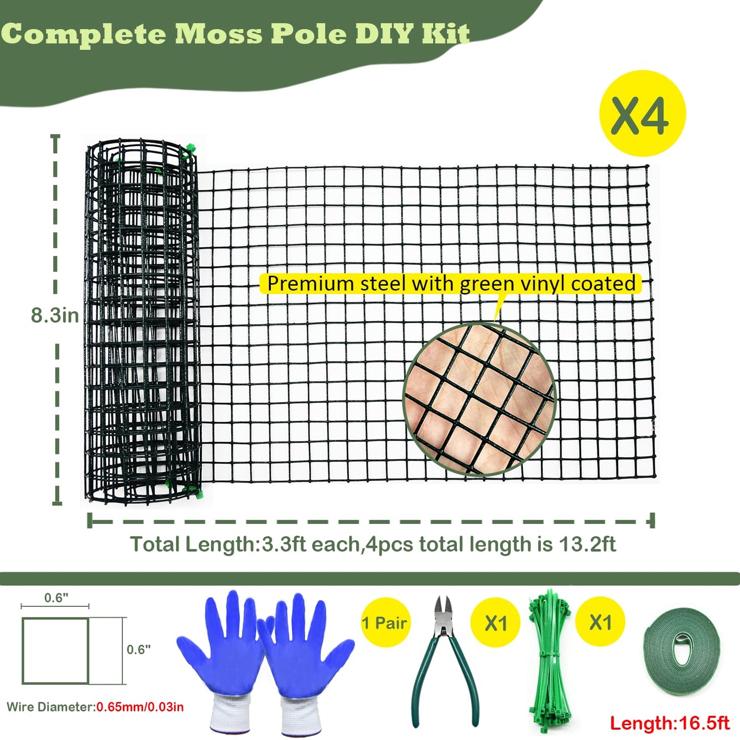 chicarry Moss Pole DIY Kit, 13.2ft Metal Moss Pole for Plants Monstera, 4Pcs 8.3in×3.3ft Steel Moss Pole Mesh with Plier, Cable Ties, Sphagnum Moss Pole (13.2ft Wire Mesh with Plier)