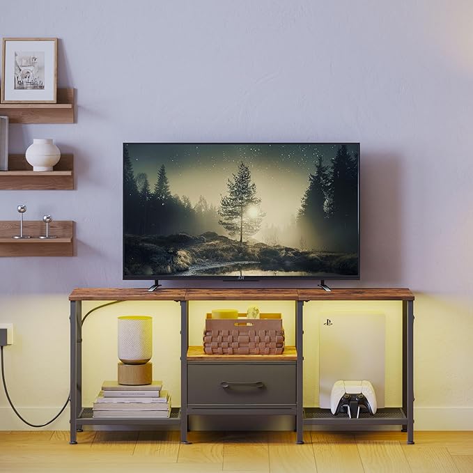 JARHETUN LED TV Stand with Fabric Drawer, Entertainment Center