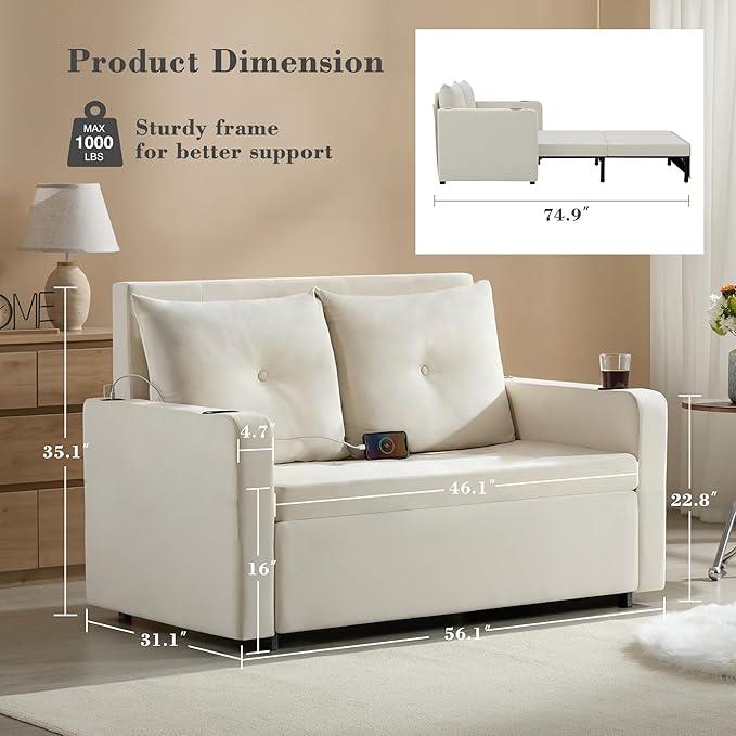 Krcix 3 in 1 Pull Out Couch, 56 Inch Velvet Sofa Bed, Convertible Sleeper Sofa