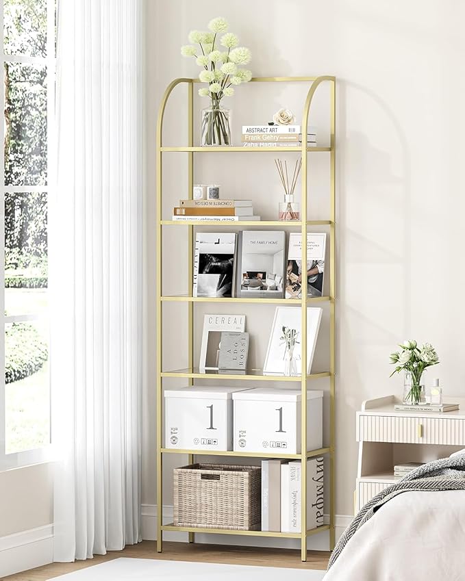 Hzuaneri Bookcase Bookshelf, Tempered Glass Arched Bookshelf