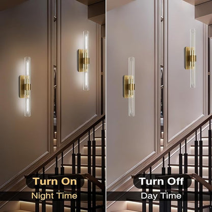Brass and Glass Wall Sconces, 22.8" Vanity Lights for Bathroom 2 Lights, Horizontal or Vertical Linear Gold Wall Lamp, Indoor Sconces Wall Lighting, Tube Sconce for Living Room, Hallway