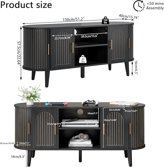 51" Fluted TV Stand, Mid-Century Modern Entertainment Center