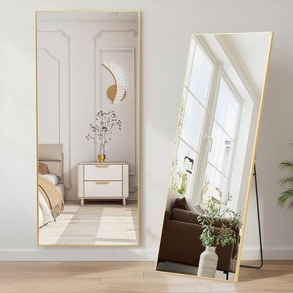 NEWBULIG Mirror Full Length, 64"x21" Body Wall Mirrors with Shatter-Proof Glass, Upgraded Floor Standing Mirror, Hanging or Leaning, with Stand Aluminum Alloy Frame for Home Decor, Bedroom, Gold