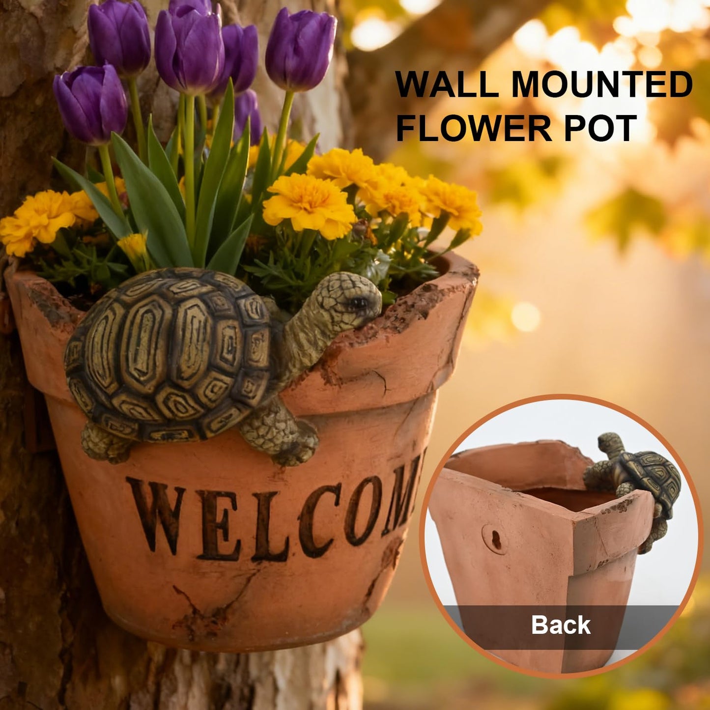 Juliahestia Rustic Turtle Welcome Wall Planter Pot Resin Clay Look Cute Planters for Indoor Outdoor Dry & Artificial Flowers Planters for Porch Garden Pots Gift for Garden Lovers