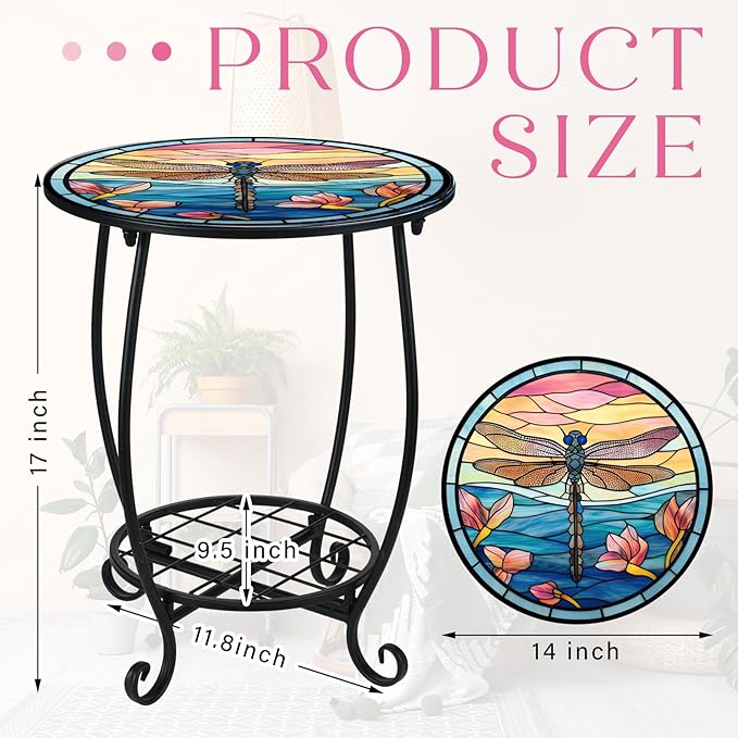 Cinnvoice Outdoor Side Table Round Small Mosaic Patio Accent Indoor End Plant