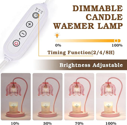 Funistree Flower Candle Warmer Lamp with Timer, Dimmable Candle Lamp Warmer, Christmas Birthday Gifts for Women Mom Her, Housewarming Home Decor, Lotus Wax Warmer for Yankee Candles - Full Pink