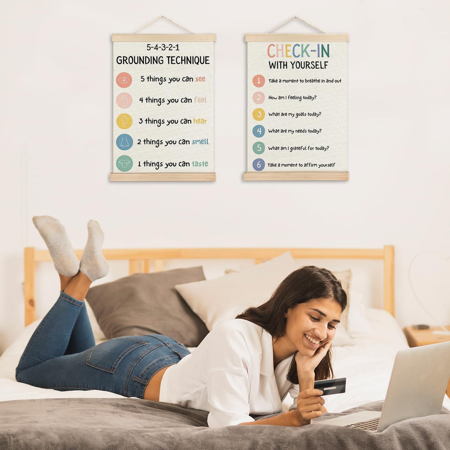 IAFQWDS 54321 Grounding Technique Mental Health Wall Art Hanging Poster Framed, Check in With Yourself CBT Wall Decor Prints for Classroom Therapy Counselor Psychologist Office, 12x16 Inch Set of 2