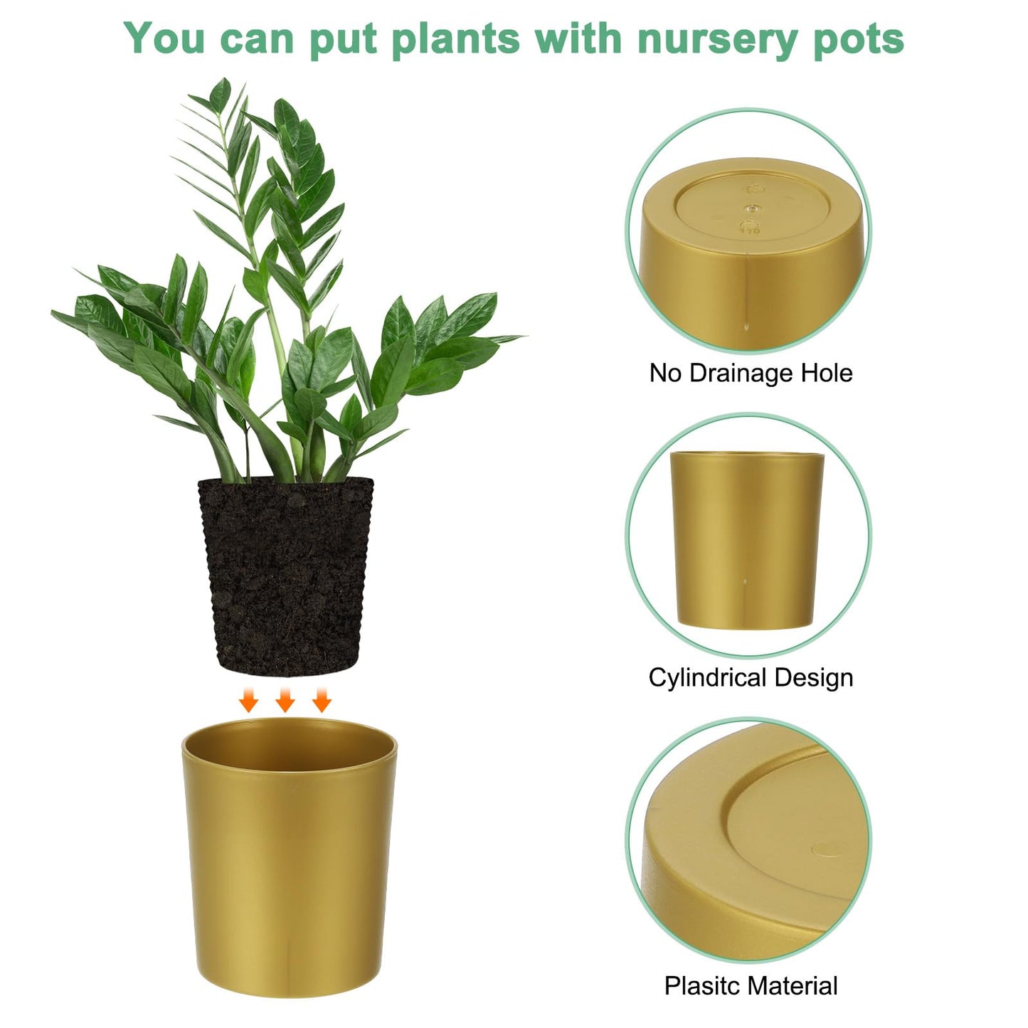 M METERXITY 8-Pack Plastic Plant Pots, 4 Inch Plastic Planters Round Flower Planter Containers Flower Pots for Indoor/Outdoor/Garden, Plant Holder [Gold Tone]