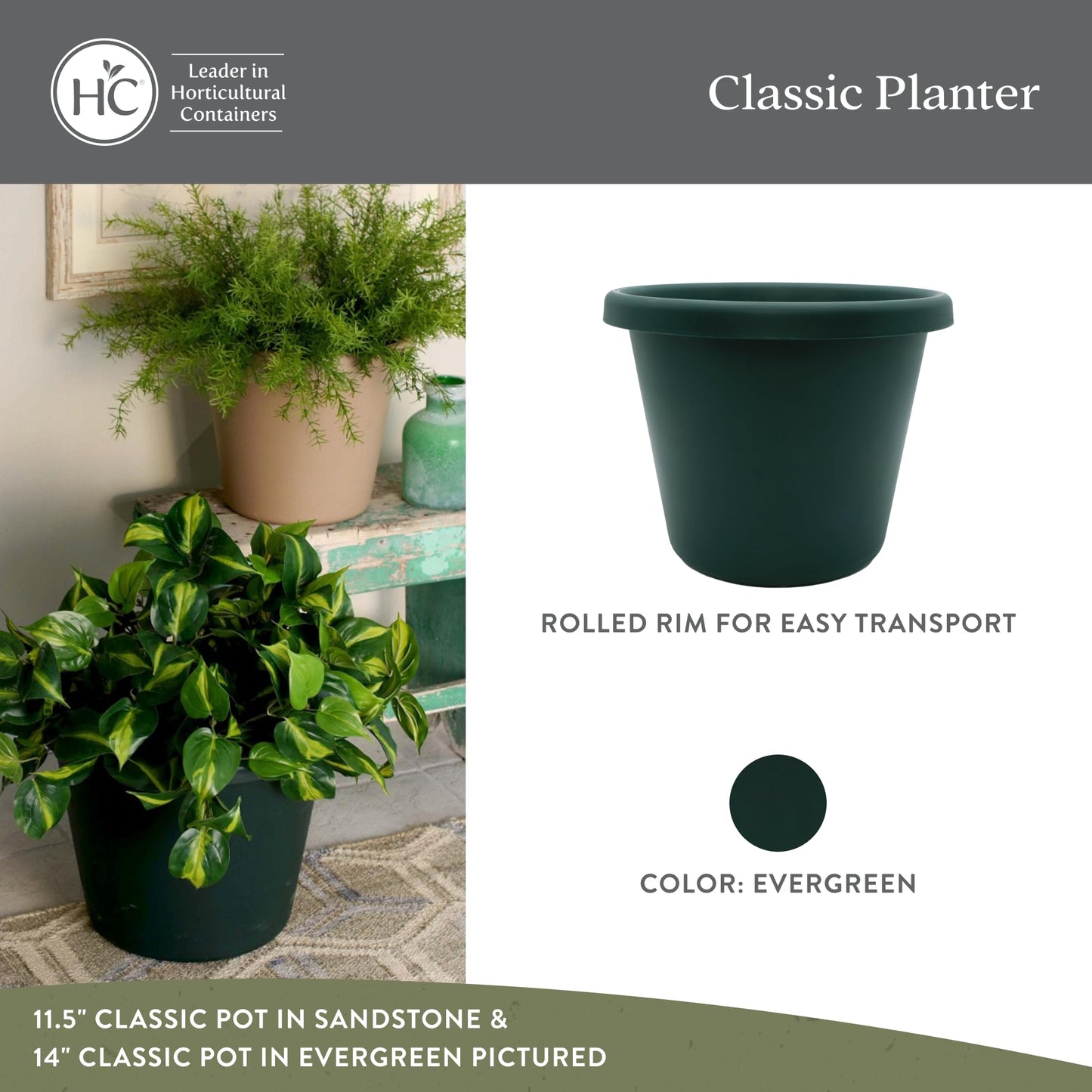 The HC Companies 8.5 Inch Classic Round Planter Pots with Drainage, Rolled Rim Plastic Planters for Indoor & Outdoor Plants, 4-Pack Decorative Flower Pots for Garden, Office & Home Decor, Evergreen