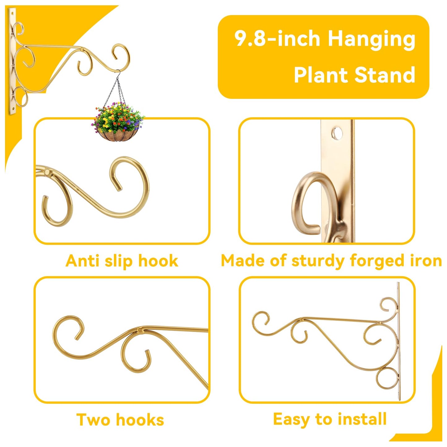 Hanging Plant Bracket 9.8inch, Gold Plant Hooks Plant Hanger Bracket for Indoor Outdoor Planter Flower Pot Bird Feeder Wind Chime Lanterns