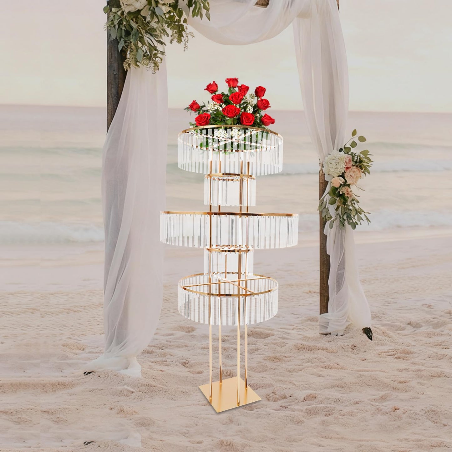 Headery 5 Tiers Round Wedding Centerpieces Vase, 61in Gold Acrylic Flower Stand with Hanging Crystals, Square Chandelier Pedestal Stand for Party Table Decoration Lawn Hotel Opening (Styel-4)